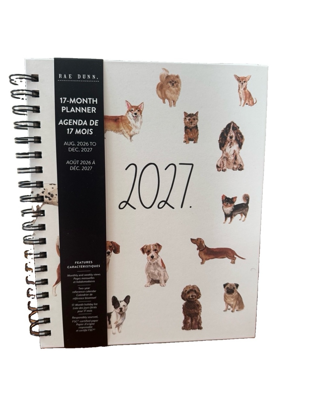 Rae Dunn 2027 PLANNER Hard Cover Spiral 17 months Planner Dog Design 10x8”